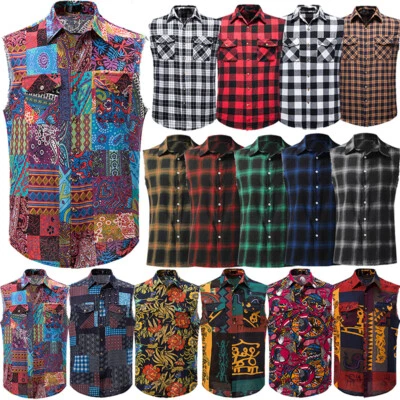Men Summer Casual Sleeveless Plaid Vest Tops Button Down Shirt T Shirt Tank ✨ ~ - Image 1 of 4