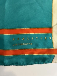 Silk Scarf Realities 1980s Liz Claiborne Japan Rolled Edge Teal Orange 35"x35" - Picture 1 of 7