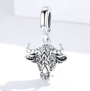 BULL-Taurus-Stars-Zodiac- Solid 925 sterling silver European charm bead- Pendant - Picture 1 of 3