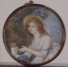 Miniatur-Malerei um 1780, Rahmen 585er Gold --- Dame mit roten Locken & Hund