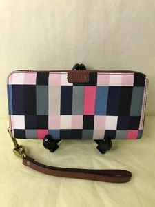 Fossil Women's Emma Large Zip Wallet Clutch in Bright/Patchwork multi squares - Picture 1 of 8