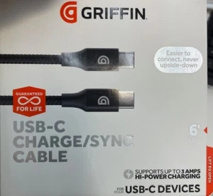 GRIFFIN Premium USB-C to USB-C Charge & Sync BRAIDED Cable 6-FT - Black - Picture 1 of 3