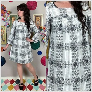 Vintage 1970s White and Black Gauzy A-Line Maternity Minidress - Small-Medium - Picture 1 of 6