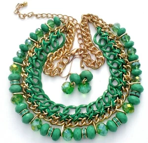 Green Bead & Chain Enamel Necklace & Dangle Earrings Set Gold Tone Fiesta - Picture 1 of 12