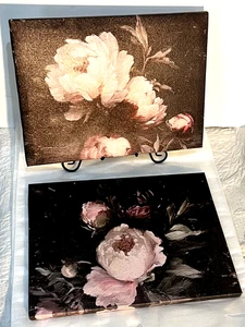 Dunkle Pfingstrose Blumen Leinwand Gemälde zwei Holzrahmen Aufhänger - Bild 1 von 5