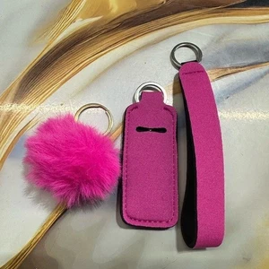 NEW keychain set lip balm holder & wristlet (5 inches) & pom pom - Picture 1 of 2