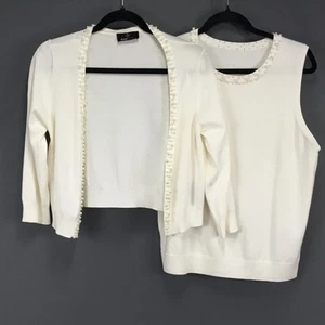 Ronni Nicole maglione twinset donna grande bianco impreziosito da perle cardigan tank - Foto 1 di 21