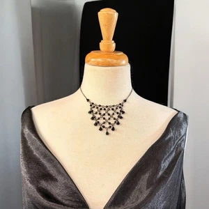 Vintage Black Glass Bead Statement Bib Necklace Multi Strand Gothic Boho - Picture 1 of 5