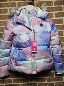 Justice Girls Puffer Jacket with Faux Fur Lined Hood Size L 12/14 Rainbow Pastel - Picture 1 of 13