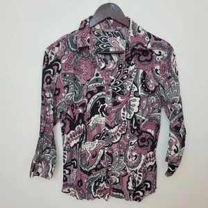 Vintage Womens Blouse Shirt Top Size 14 Pink Grey Indian Paisley Work Boho 80s - Picture 1 of 6