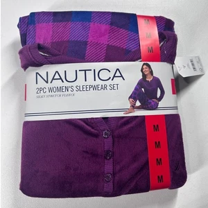 Nautica Damen Nachtwäsche Set Größe M lila kariert seidig Stretch Fleece Schlafanzug - Bild 1 von 6