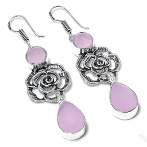 Rose Quartz Gemstone Handmade 925 Sterling Silver Jewelry Earring Size 2.50" - Picture 1 of 1
