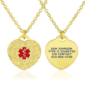 Collana Divoti Personalizzata Incisa Filigrana Cuore Allarme Medico ID, con Catena Cavo - Foto 1 di 9