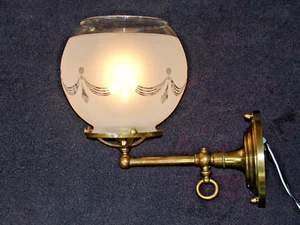 Sconce Antique 1870 - 1900s Gas to Elec, Globe Etched Shade - Picture 1 of 7