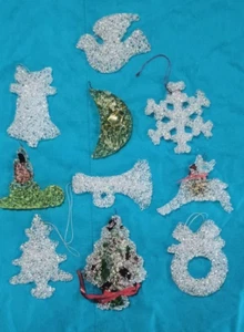 10 Vintage Melted Plastic Christmas Ornaments -Dove Tree Candle Moon Bell Wreath - Picture 1 of 8