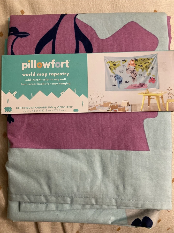 Pillowfort World Map Tapestry 72"x48" Wall Hanging Toy School Educational Blue - Image 1 of 2