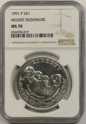 1991-P Mount Rushmore Modern Commemorative Silver Dollar $1 MS 70 NGC - Image 1 of 4