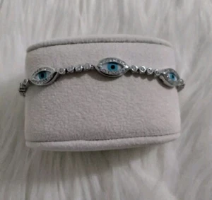 Sterling Silver 925 Blue Evil Eyes Adjustable Bracelet - Picture 1 of 6