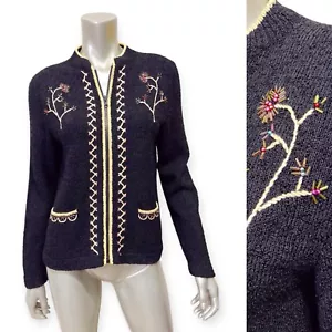 South Cotton Black Zip Up Sweater Jacket Women’s Small Floral Embroidered Beaded - Picture 1 of 10