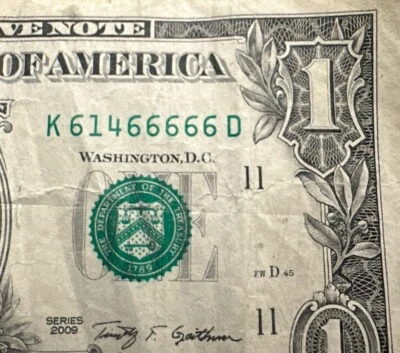 Rare Bill, United States Dollar With Six Sixes In The Serial Number 61466666 - Image 1 of 4