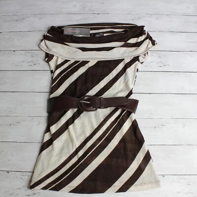 Suéter túnica para mujer HeartSoul talla XS marrón beige rayas con cinturón manga corta Foto 1 de 4