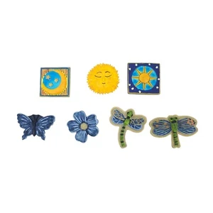 7 Knopfhüllen Himmlische Blumen Libelle Schmetterling Sonne Mond Sterne blau gelb - Bild 1 von 11