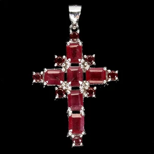 925 Sterling Silver Pendant Octagon Ruby 5x4mm Natural Gemstone Cross Jewelry - Picture 1 of 13