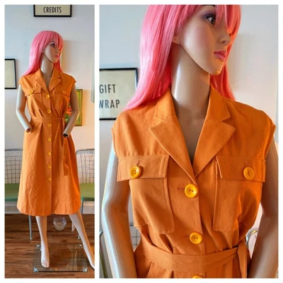 🍊 Vestido Vintage Años 60 Mod Naranja Lona Cinturón Uniforme Ropa de Trabajo Cambio Botones L Foto 1 de 4