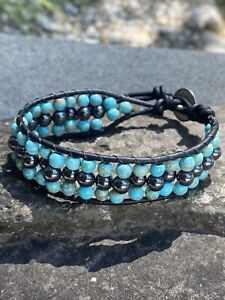 Men's Hemalyke and Turquoise Beaded Wrap Black Leather Bracelet handmade USA