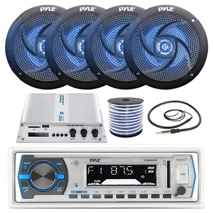 Pyle Marine Radio, 4x 6'' Blue LED Speakers, Bluetooth Amplifier, Wire, Antenna - Picture 1 of 7