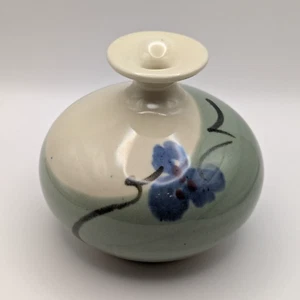 Kent Follette Pottery Oil Lamp Squat Blue Green Floral Louisiana Artist Signed - Picture 1 of 6