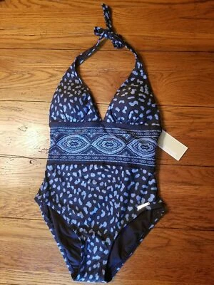 Traje de baño MICHAEL Michael Kors estampado halter 1 pieza, talla: 4, negro y azul Foto 1 de 2