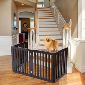 Freestanding Pet Dog Gate 4 Panels Indoor Foldable Dog Fence for Stairs Brown - Picture 1 of 22