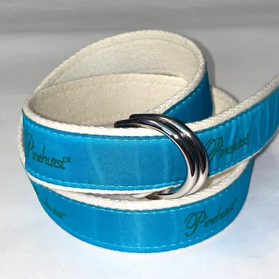 EUC YRI Pinehurst Golf Embroidered Teal Canvas Ribbon Leather Belt Small 28"-32" - Image 1 of 4