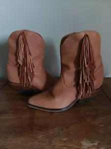 Vintage 70's ZODIAC Cognac Brown Leather Fringe Short Boots Booties Western 7 M - Picture 1 of 12