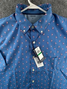 NUEVO CON ETIQUETAS IZOD LT Grande Estampado Flamenco Alto Azul Rendimiento Abotonado Playa $65 Hombres - Imagen 1 de 13