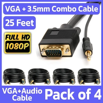 4 Pack VGA + 3.5mm Monitor Cable 25 Feet SVGA Video with AUX Stereo Audio Cord - Image 1 of 4