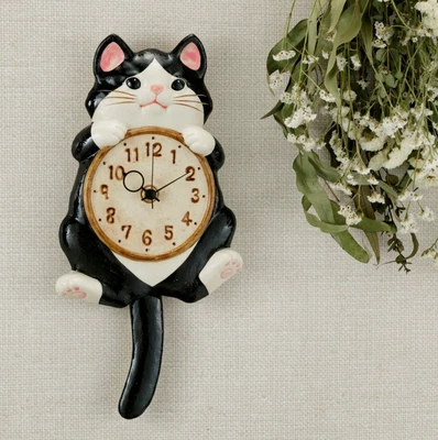 Japanese Lucky cat Manekineko Wall Pendulum Clock Black White Pottery Seto ware  - Image 1 of 4