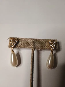 Vintage Gold-Tone Crystal Rhinestone Faux Pearl Teardrop Dangle Earrings - Picture 1 of 6