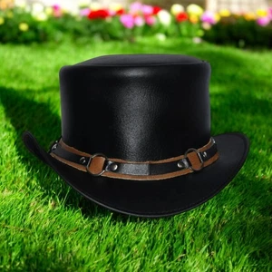 Handgefertigter schwarzer Lederhut mit Kette Steampunk Cowboyhut für Herren - Bild 1 von 4