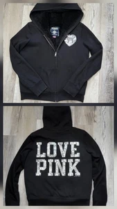 Vintage Y2k Victoria Secret Pink Jacket Bling Sequins Sherpa Lined Black - Picture 1 of 9
