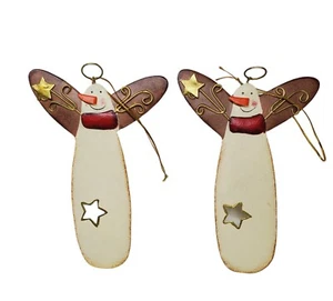 Rustin Tin Snowman Angel Red Scarf W/ Halo Star Christmas set of 2 Ornament - Picture 1 of 3