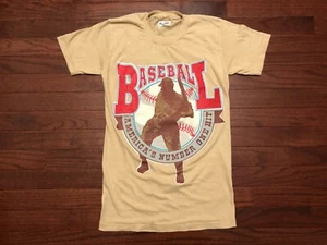 VINTAGE 1980er BASEBALL T-SHIRT HERREN KLEIN BLAU ROT AMERIKA NUMMER EINS HIT e - Bild 1 von 6
