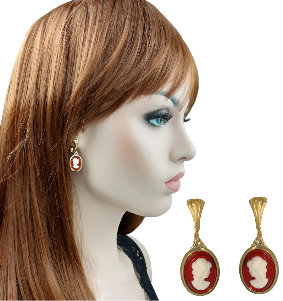Gold Tone Red White Cameo Woman Oval Dangle Clip On Earrings 1 1/4" - Image 1 of 4