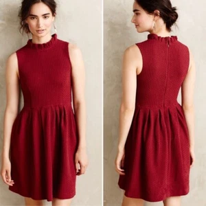 Ganni Anthropologie Pinnacle Textured Dress Ruffle Mini Maroon Dress Size Small - Picture 1 of 9