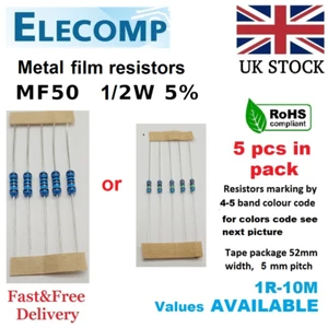 Resistencias de película metálica de 1/2 W 5 % todos los valores (1R-1K-1M) paquete de 5 p&p gratis stock en el Reino Unido - Imagen 1 de 8