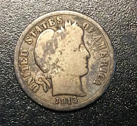 1913 P Silver Liberty Head (Barber) Dime 10c USA Coinage As Shown Cover