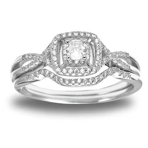 Wedding Ring Set for Women Halo CZ White Gold Sterling Silver Engagement Ring - Picture 1 of 33