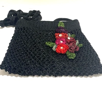 Petro Zillia Black Crochet Shoulder Bag Floral Crochet & Beaded Applique - Image 1 of 4