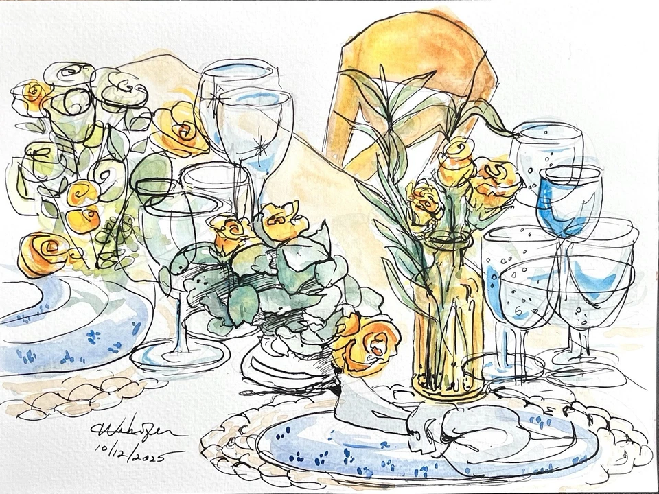 Акварель и чернила картина 9 x 12 «на Шерил Wehofer краска стол установка цветы - Изображение 1 из 1